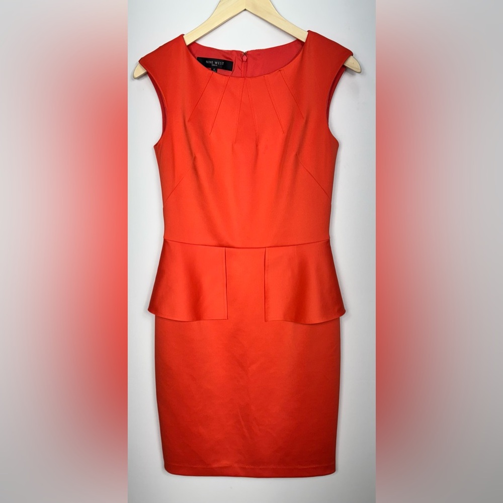 Nine West Orange Peplum Sleeveless Midi Dress Career Ruffle Waist Retro Sz 4